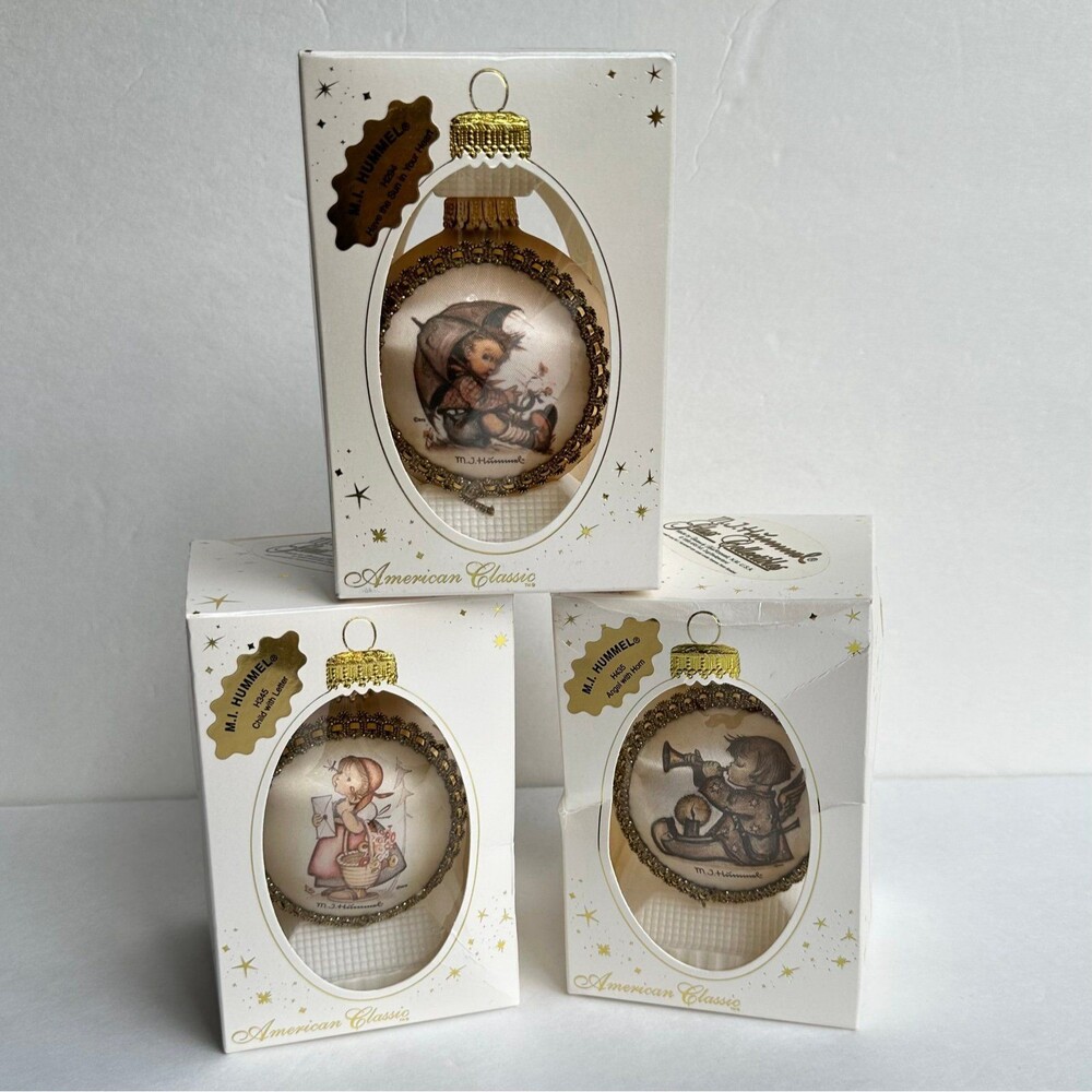 Vtg Lot of 3 Hummel Glass Collectible Christmas Ornaments in Box *READ*